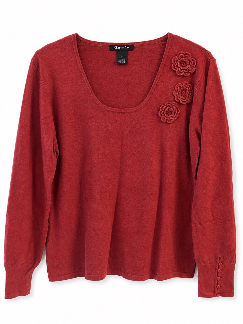Crochet Flower Applique Sweater Scoop Neck Coral Long Sleeve Knit Top Size L
